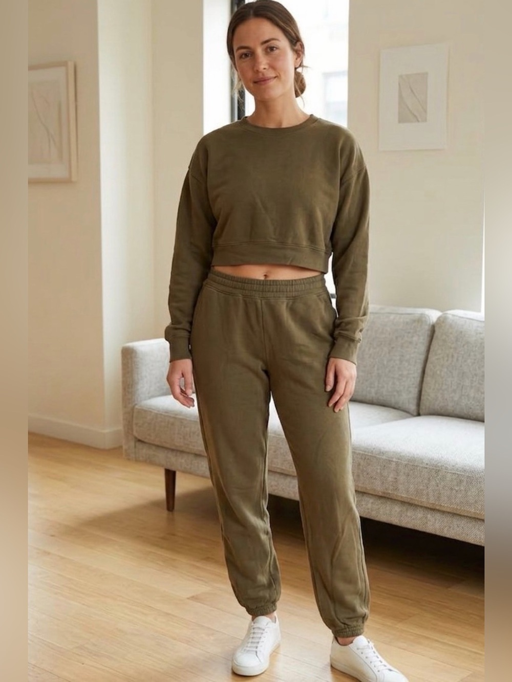 Girlfriend Collective Olive Green Cropped Sweatshirt & High-Waist Sweatpants
